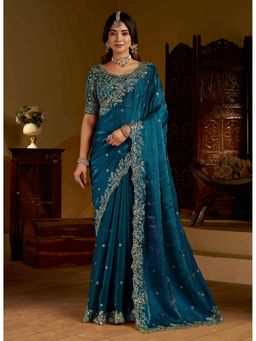 RAAG VARNAM - Teal Colour Satin Silk Saree with Unstitched Blouse
