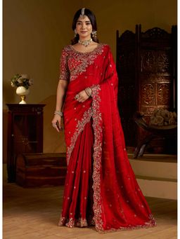 RAAG VARNAM - Red Colour Satin Silk Saree with Unstitched Blouse