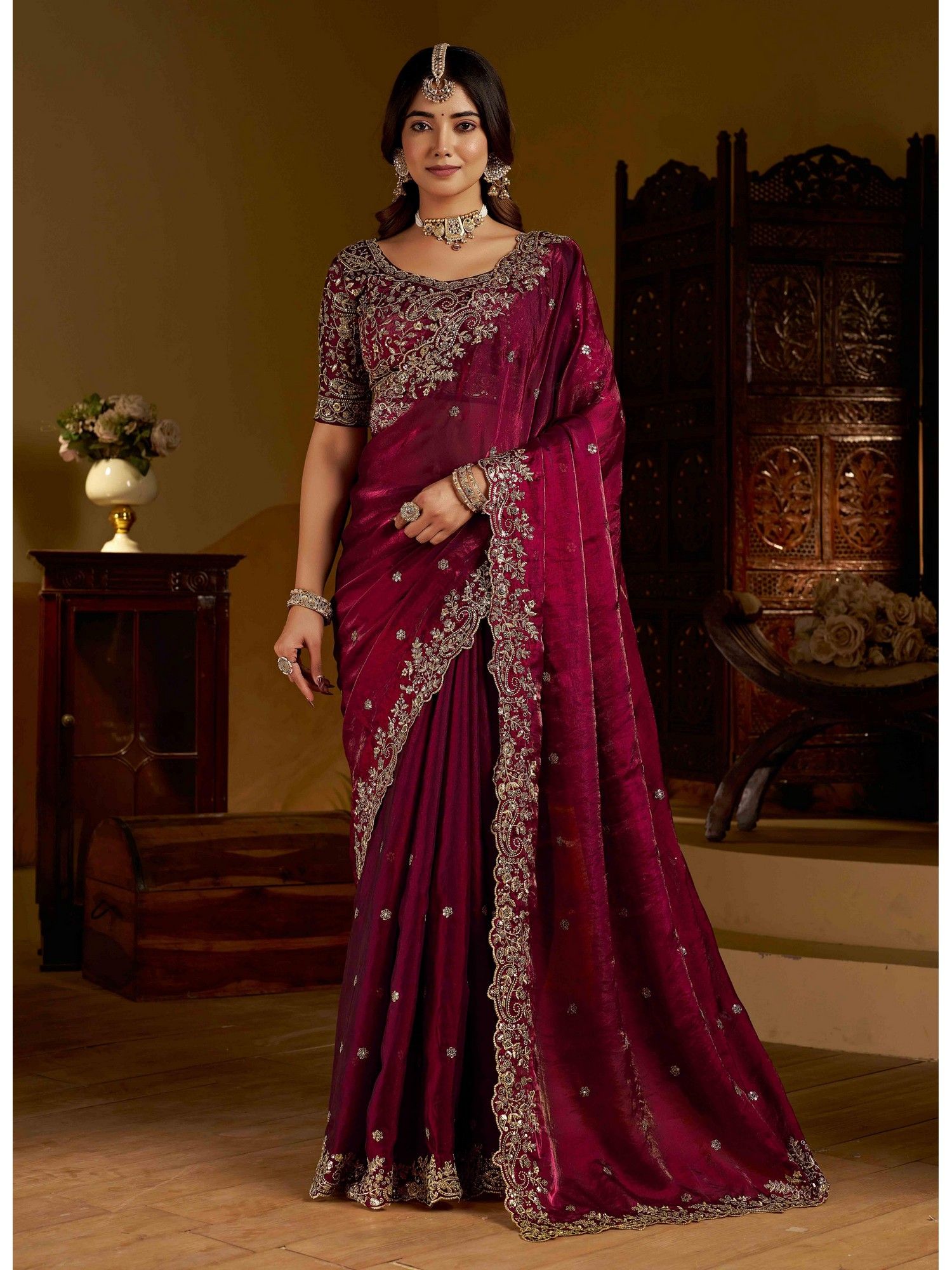 Wine Colour Satin Silk Saree with Unstitched Blouse-image-7