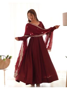 FAST FASHIONS - Silk Blend Maroon Anarkali Kurta with Pant and Dupatta