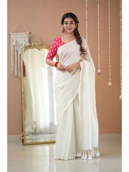 RAAG VARNAM - White Cotton Saree with Unstitched Blouse