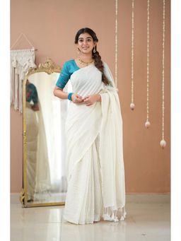 RAAG VARNAM - White Stripe Cotton Saree with Unstitched Blouse
