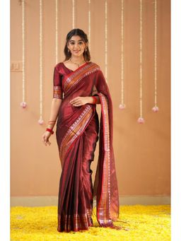 RAAG VARNAM - Maroon Handloom Tissue Saree with Unstitched Blouse
