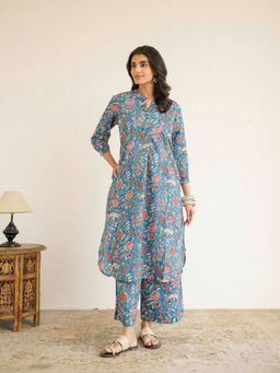GOODHAND - Blue Cotton Printed A-Line Co-Ord Set