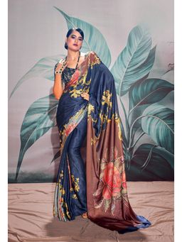 Anaita - Navy Blue Satin Floral Saree with Unstitched Blouse