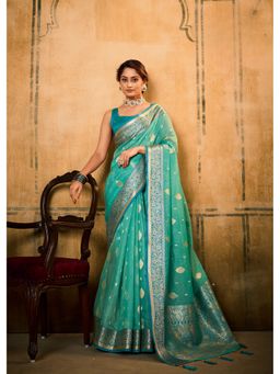 Anaita - Turquoise Tussar Woven Saree with Unstitched Blouse