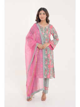 CHHAAP TILAK - Green Pure Cotton Floral Buta Lace Kurta with Pant and Dupatta