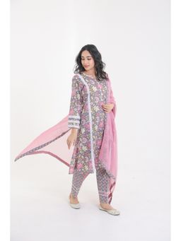 CHHAAP TILAK - Grey Cotton Floral Buta Motifs with Lace Kurta with Pant and Dupatta