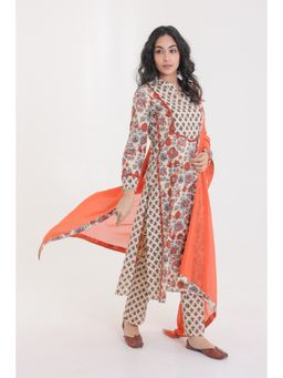CHHAAP TILAK - Cream Cotton Retro Floral Motifs with Lace Yoke Kurta with Pant and Dupatta