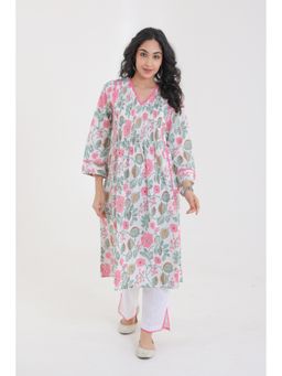 CHHAAP TILAK - White Pure Cotton Botanical Floral Motifs with Lace Yoke Kurta with Pant