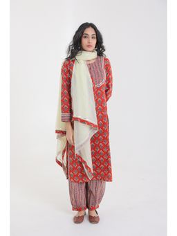 CHHAAP TILAK - Red Cotton Buta Lace Kurta with Pant and Dupatta