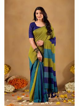 RAAG VARNAM - Navy Blue Khadi Cotton Saree with Unstitched Blouse