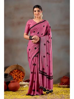 RAAG VARNAM - Pink Print Cotton Saree with Unstitched Blouse