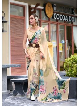 Anaita - Cream Georgette Floral Saree with Unstitched Blouse