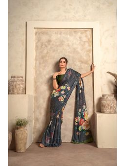 Anaita - Black Satin Floral Saree with Unstitched Blouse
