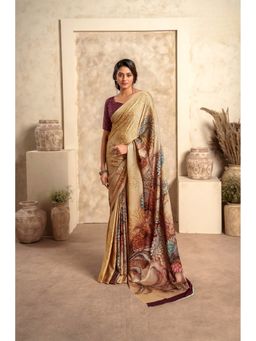 Anaita - Cream Satin Floral Saree with Unstitched Blouse