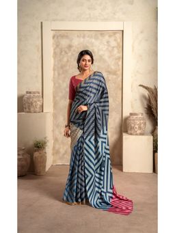 Anaita - Navy Blue Satin Geometric Saree with Unstitched Blouse