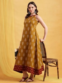 Vbuyz - Mustard Geometric Fit and Flare Cotton Stitched Dress