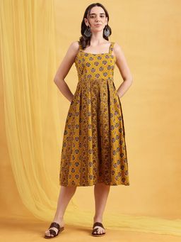 Vbuyz - Mustard Floral A-Line Cotton Stitched Dress