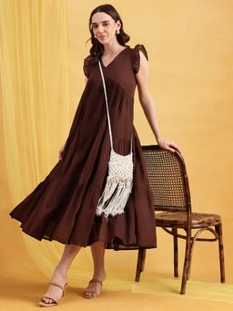 Vbuyz - Coffee Solid Anarkali Cotton Stitched Dress