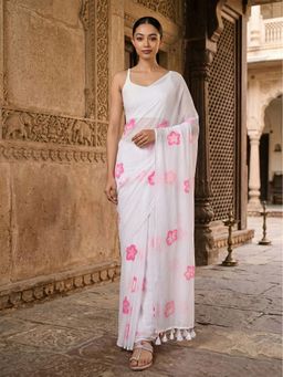 Anjaneya Sarees - White Designer Linen Printed Solid Saree with Unstitched Blouse