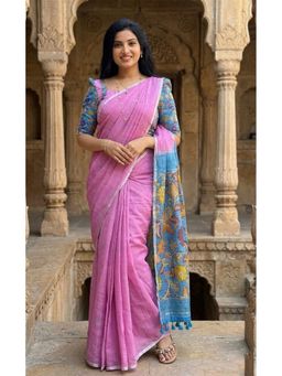 Anjaneya Sarees - Pink Designer Linen Printed Solid Saree with Unstitched Blouse