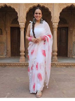 Anjaneya Sarees - White Designer Linen Printed Solid Saree with Unstitched Blouse