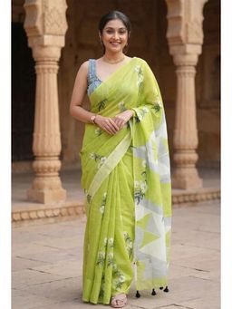 Anjaneya Sarees - Green Designer Linen Printed Solid Saree with Unstitched Blouse