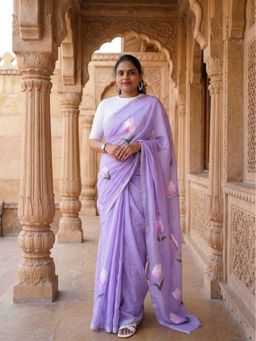 Anjaneya Sarees - Purple Designer Linen Printed Solid Saree with Unstitched Blouse