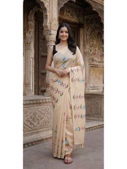 Anjaneya Sarees - Beige Designer Linen Printed Solid Saree with Unstitched Blouse
