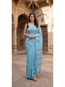 Anjaneya Sarees - Blue Designer Linen Printed Solid Saree with Unstitched Blouse