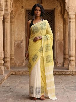 Anjaneya Sarees - Yellow Designer Linen Printed Solid Saree with Unstitched Blouse