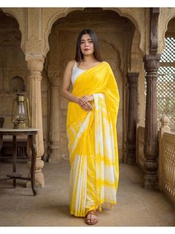 Anjaneya Sarees - Yellow Designer Linen Printed Solid Saree with Unstitched Blouse