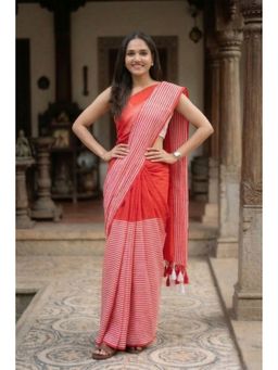 Anjaneya Sarees - Red Designer Linen Printed Solid Saree with Unstitched Blouse