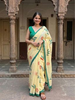 Anjaneya Sarees - Yellow Designer Linen Printed Solid Saree with Unstitched Blouse