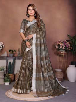 Anaita - Brown Linen Woven Saree with Unstitched Blouse