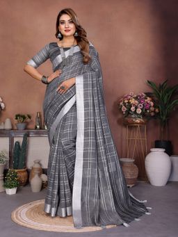 Anaita - Grey Linen Woven Saree with Unstitched Blouse