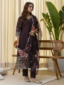 VredeVogel - Silk Blend Brown Sequined Kurta with Pant and Dupatta