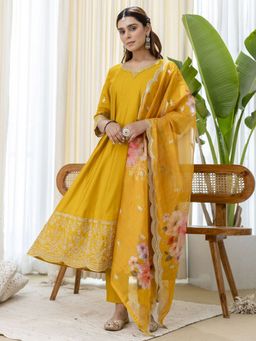 VredeVogel - Silk Blend Mustard Sequined Kurta with Pant and Dupatta