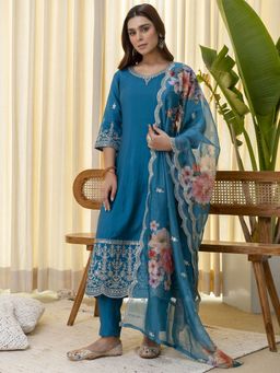 VredeVogel - Silk Blend Teal Sequined Kurta with Pant and Dupatta