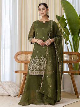 VredeVogel - Green Silk Blend Kurta with Palazzo and Dupatta