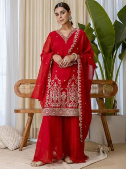 VredeVogel - Red Silk Blend Kurta with Palazzo and Dupatta