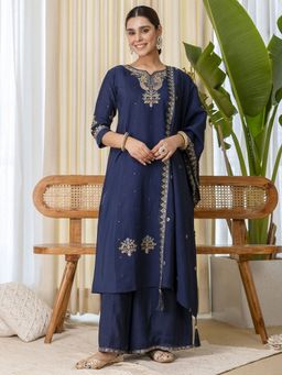 VredeVogel - Navy Blue Silk Blend Kurta with Palazzo and Dupatta