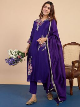VredeVogel - Purple Silk Blend Embroidered Kurta with Pant and Dupatta