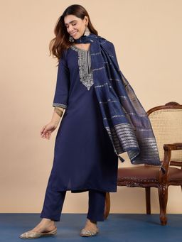 VredeVogel - Navy Blue Cotton Silk Embroidered Kurta with Pant and Dupatta
