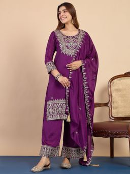 VredeVogel - Purple Silk Blend Embroidered Kurta with Pant and Dupatta