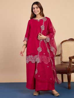 VredeVogel - Pink Silk Blend Embroidered Kurta with Palazzos and Dupatta