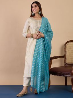 VredeVogel - Cream Silk Blend Embroidered Kurta with Pant and Dupatta