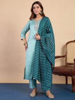 VredeVogel - Sky Blue Silk Blend Embroidered Kurta with Pant and Dupatta