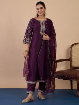 VredeVogel - Wine Silk Blend Sequined Kurta with Pant and Dupatta